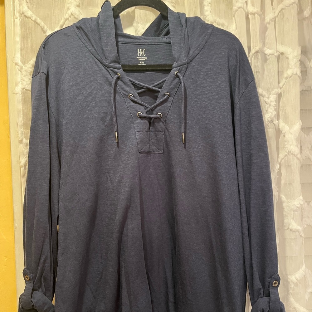 Brand:: INC navy blue light hoody with lace neck styling.